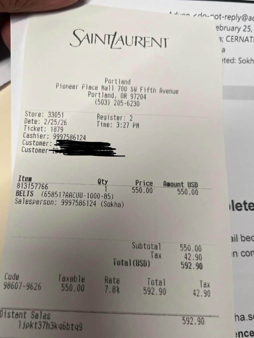 Saint Laurent Black Leather belt with receipt